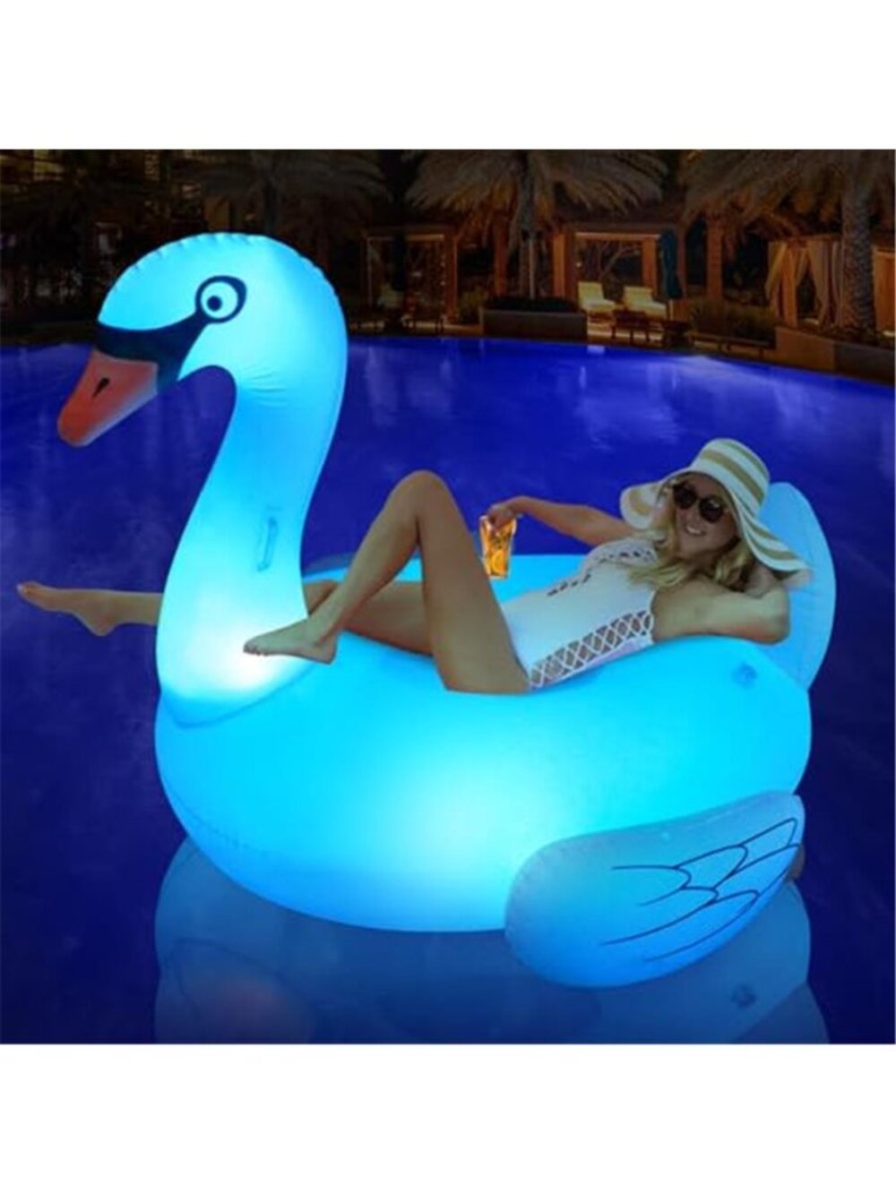 LED Flamingo Pool Float Adult Inflatable Lake Lounger With Cup Holder Light